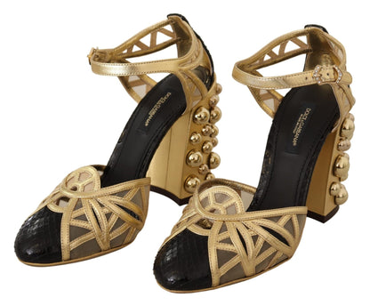 Dolce & Gabbana Black Gold Leather Studded Ankle Straps Shoes - SMARTMARTNZ