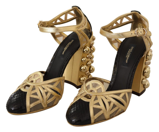 Dolce & Gabbana Black Gold Leather Studded Ankle Straps Shoes - SMARTMARTNZ
