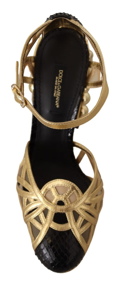 Dolce & Gabbana Black Gold Leather Studded Ankle Straps Shoes - SMARTMARTNZ