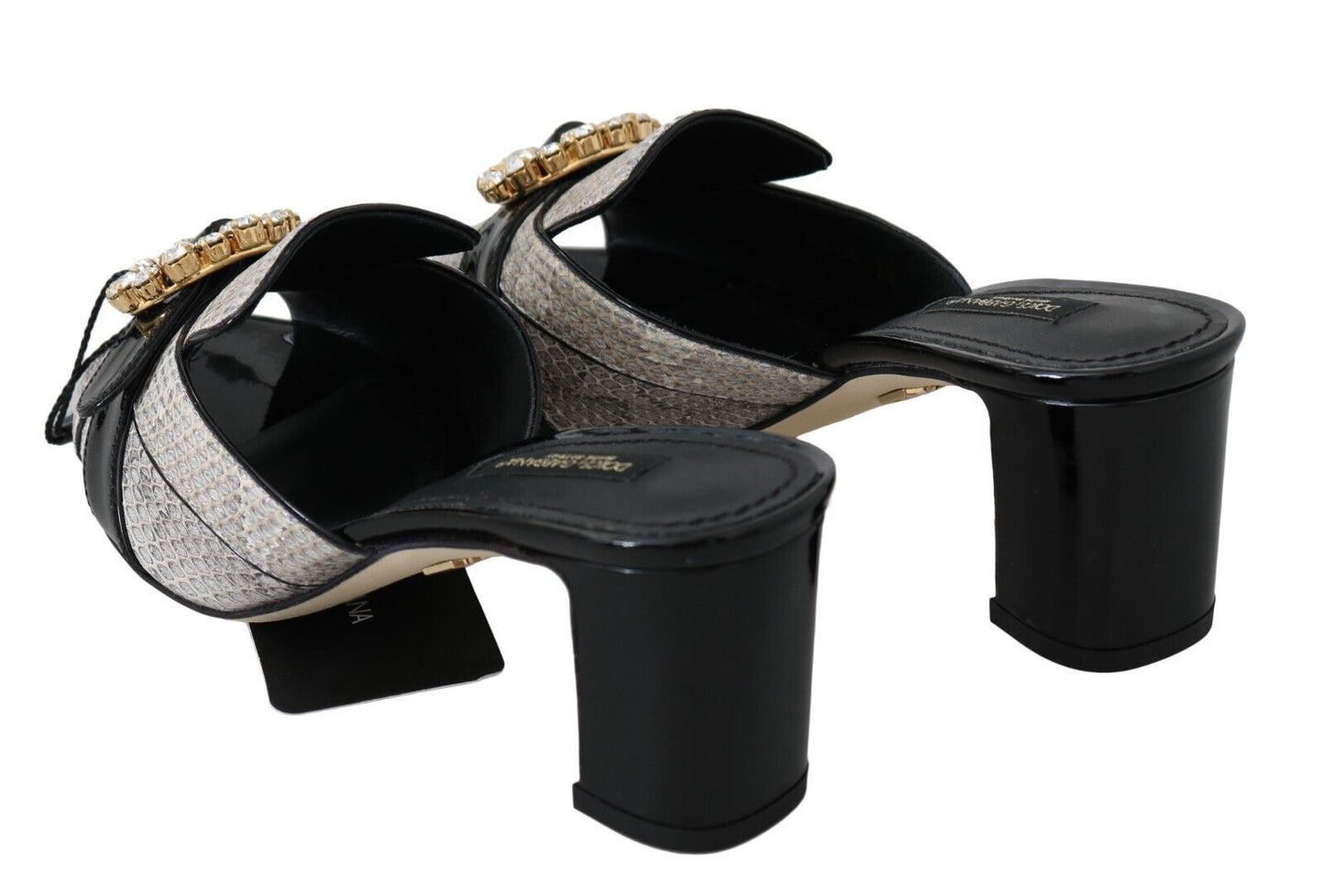 Dolce & Gabbana Black Gray Exotic Leather Crystals Sandals Shoes - SMARTMARTNZ
