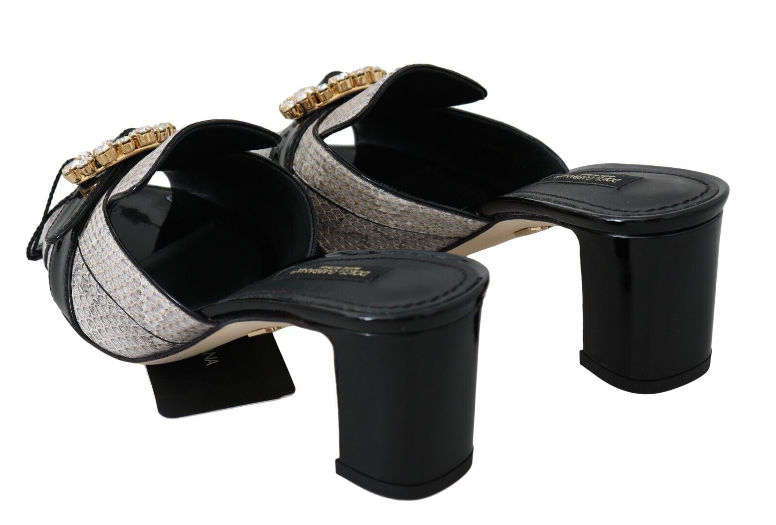 Dolce & Gabbana Black Gray Exotic Leather Crystals Sandals Shoes - SMARTMARTNZ