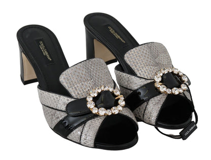 Dolce & Gabbana Black Gray Exotic Leather Crystals Sandals Shoes - SMARTMARTNZ
