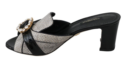 Dolce & Gabbana Black Gray Exotic Leather Crystals Sandals Shoes - SMARTMARTNZ