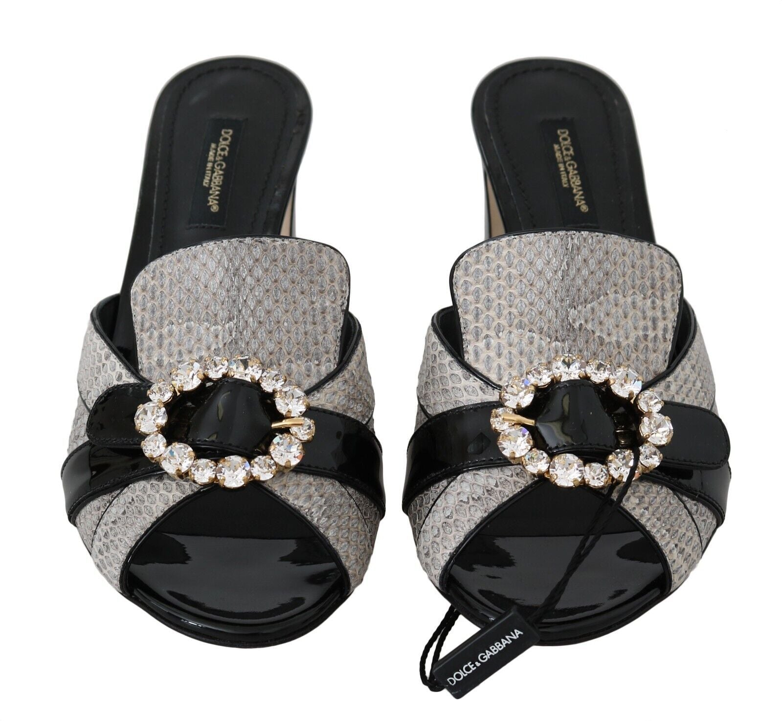 Dolce & Gabbana Black Gray Exotic Leather Crystals Sandals Shoes - SMARTMARTNZ