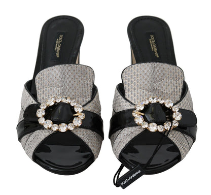 Dolce & Gabbana Black Gray Exotic Leather Crystals Sandals Shoes - SMARTMARTNZ