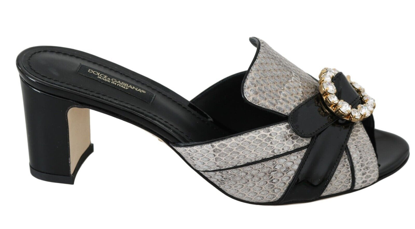 Dolce & Gabbana Black Gray Exotic Leather Crystals Sandals Shoes - SMARTMARTNZ