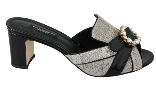 Dolce & Gabbana Black Gray Exotic Leather Crystals Sandals Shoes - SMARTMARTNZ