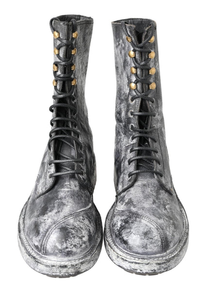 Dolce & Gabbana Black Gray Leather Mid Calf Boots Shoes - SMARTMARTNZ