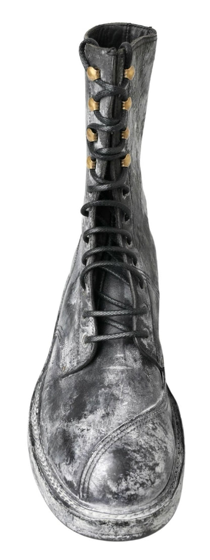 Dolce & Gabbana Black Gray Leather Mid Calf Boots Shoes - SMARTMARTNZ