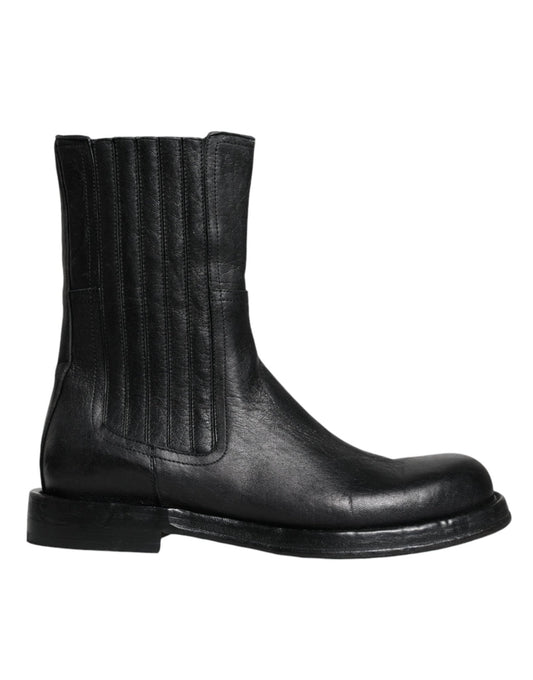 Dolce & Gabbana Black Horse Leather Mid Calf Boots Shoes - SMARTMARTNZ