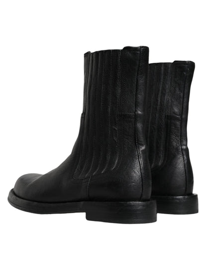 Dolce & Gabbana Black Horse Leather Mid Calf Boots Shoes - SMARTMARTNZ