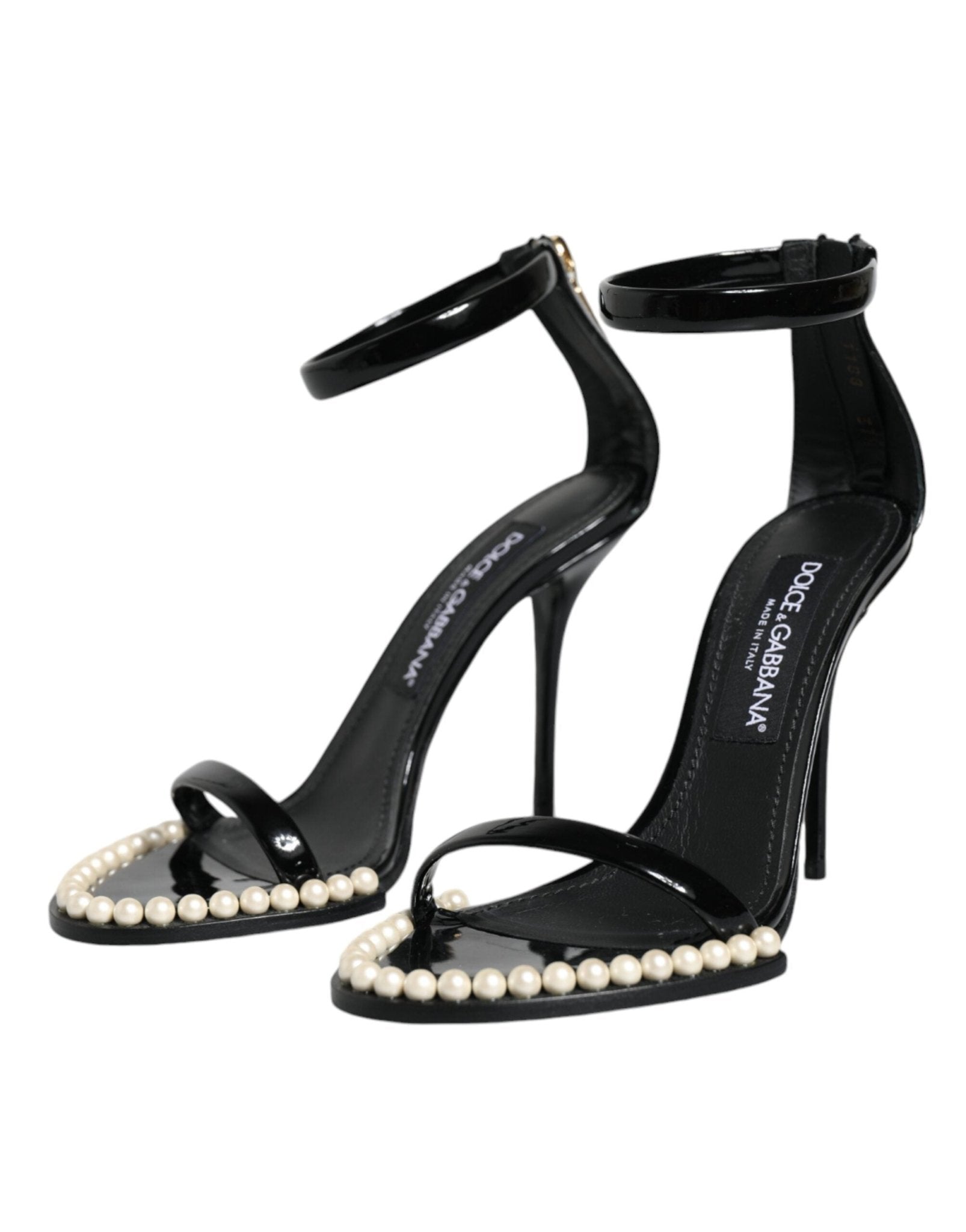 Dolce & Gabbana Black Keira Leather Faux Pearl Sandals Heels Shoes - SMARTMARTNZ