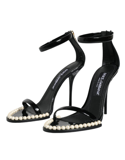 Dolce & Gabbana Black Keira Leather Faux Pearl Sandals Heels Shoes - SMARTMARTNZ