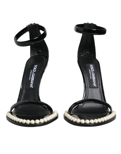 Dolce & Gabbana Black Keira Leather Faux Pearl Sandals Heels Shoes - SMARTMARTNZ