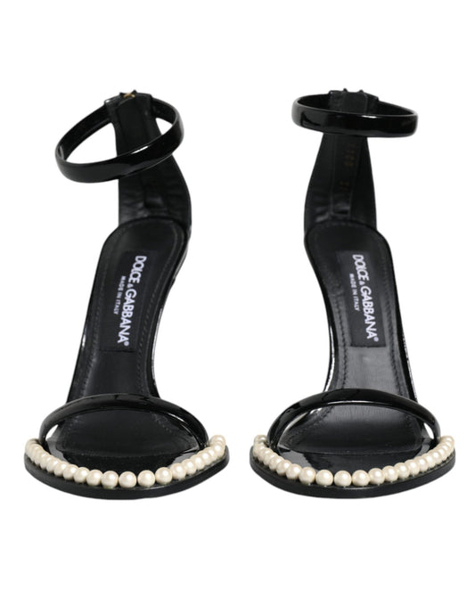Dolce & Gabbana Black Keira Leather Faux Pearl Sandals Heels Shoes - SMARTMARTNZ
