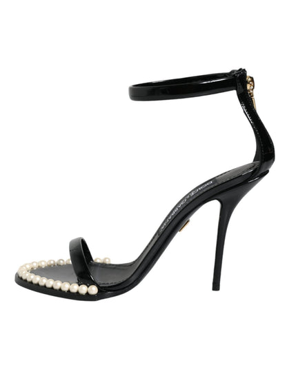 Dolce & Gabbana Black Keira Leather Faux Pearl Sandals Heels Shoes - SMARTMARTNZ
