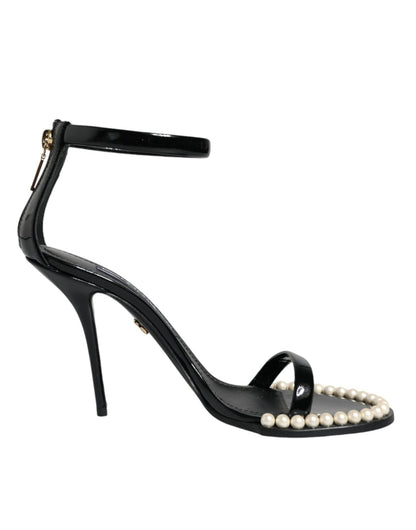 Dolce & Gabbana Black Keira Leather Faux Pearl Sandals Heels Shoes - SMARTMARTNZ