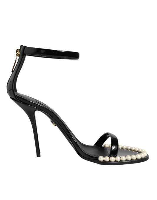 Dolce & Gabbana Black Keira Leather Faux Pearl Sandals Heels Shoes - SMARTMARTNZ
