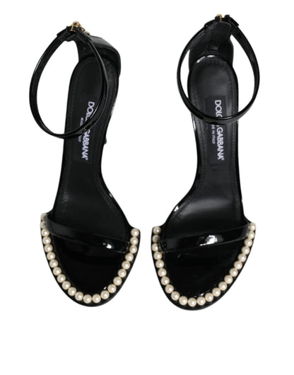 Dolce & Gabbana Black Keira Leather Faux Pearl Sandals Heels Shoes - SMARTMARTNZ