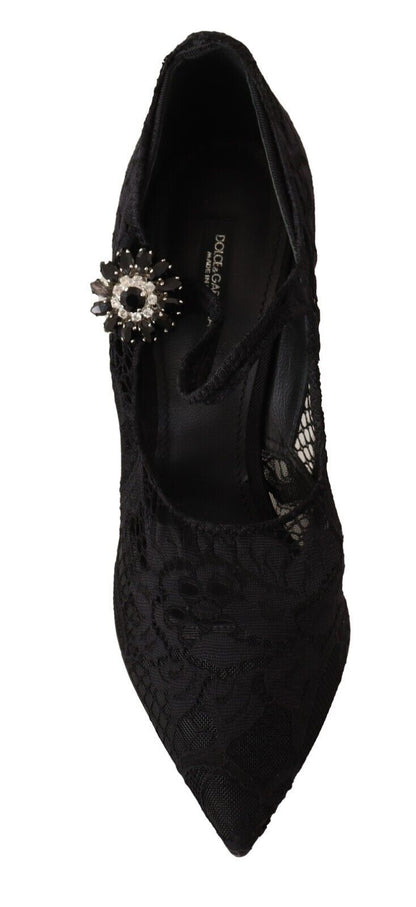 Dolce & Gabbana Black Lace Crystals Heels Mary Jane Pumps Shoes - SMARTMARTNZ