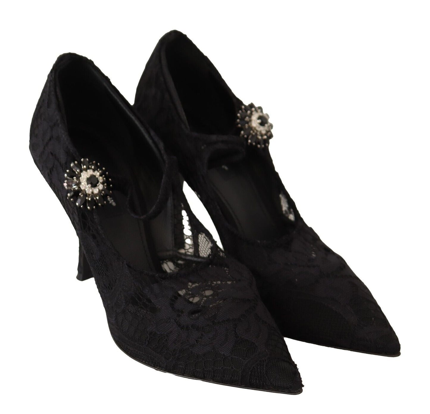 Dolce & Gabbana Black Lace Crystals Heels Mary Jane Pumps Shoes - SMARTMARTNZ