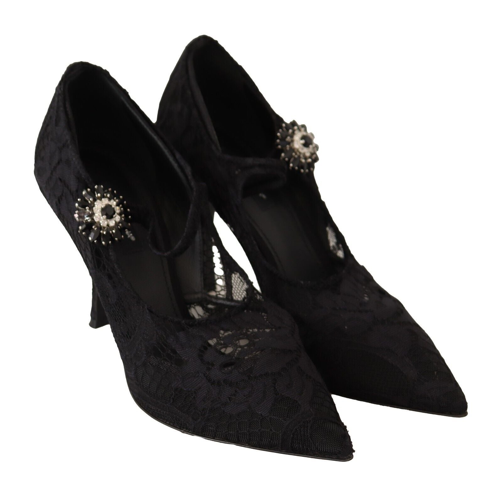 Dolce & Gabbana Black Lace Crystals Heels Mary Jane Pumps Shoes - SMARTMARTNZ