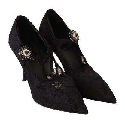 Dolce & Gabbana Black Lace Crystals Heels Mary Jane Pumps Shoes - SMARTMARTNZ