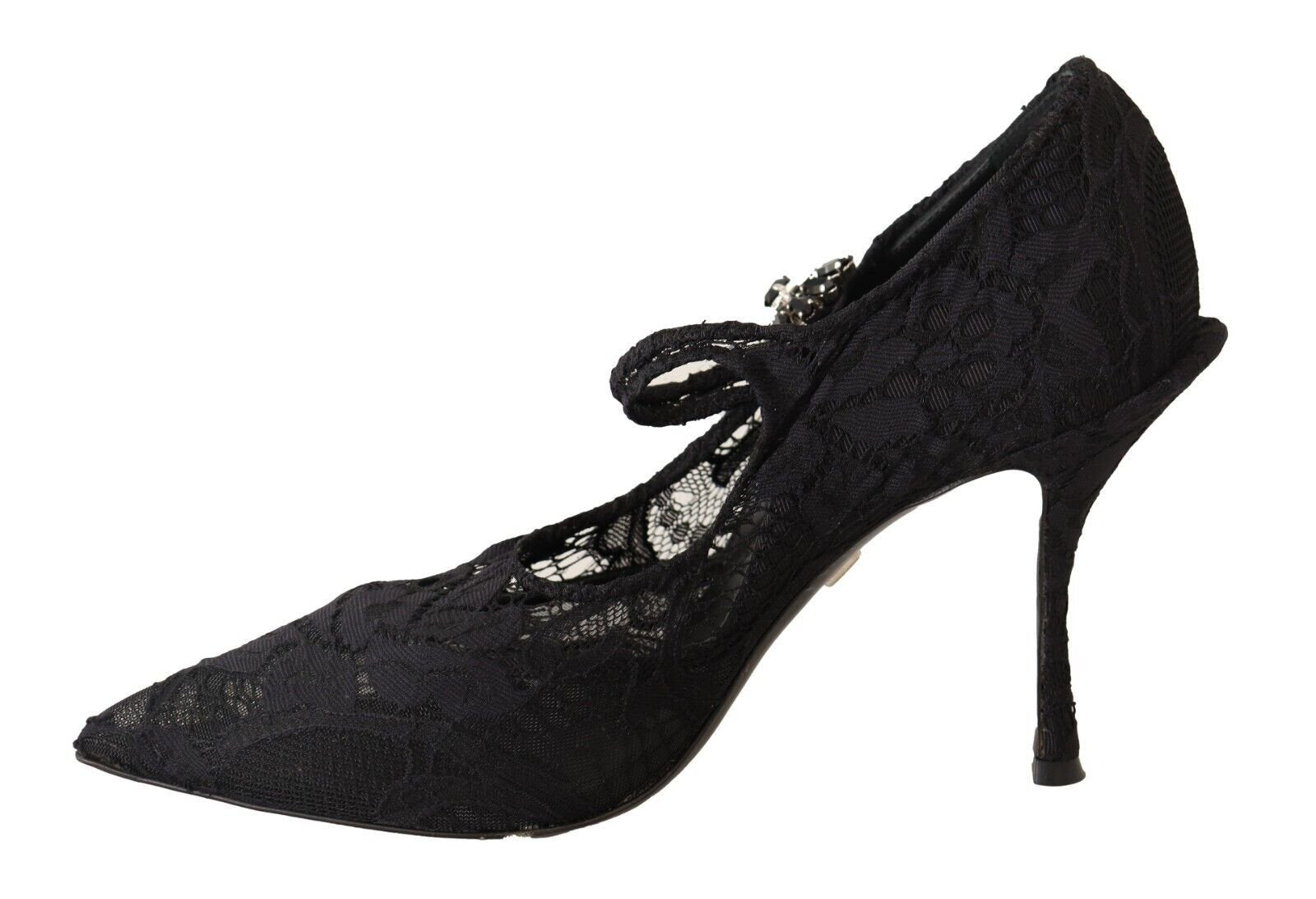 Dolce & Gabbana Black Lace Crystals Heels Mary Jane Pumps Shoes - SMARTMARTNZ