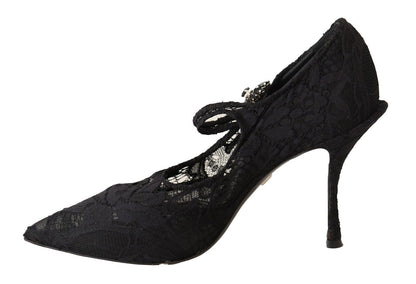 Dolce & Gabbana Black Lace Crystals Heels Mary Jane Pumps Shoes - SMARTMARTNZ