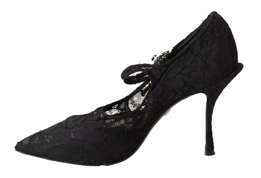 Dolce & Gabbana Black Lace Crystals Heels Mary Jane Pumps Shoes - SMARTMARTNZ