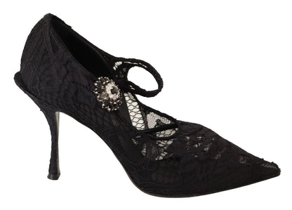 Dolce & Gabbana Black Lace Crystals Heels Mary Jane Pumps Shoes - SMARTMARTNZ