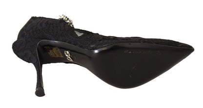 Dolce & Gabbana Black Lace Crystals Heels Mary Jane Pumps Shoes - SMARTMARTNZ