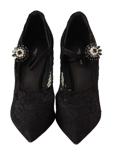 Dolce & Gabbana Black Lace Crystals Heels Mary Jane Pumps Shoes - SMARTMARTNZ