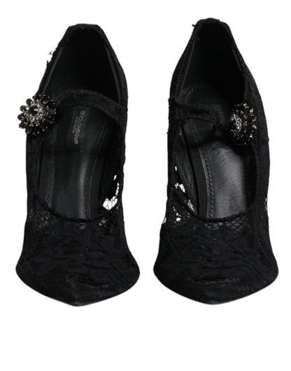 Dolce & Gabbana Black Lace Crystals Mary Jane Pumps Shoes - SMARTMARTNZ