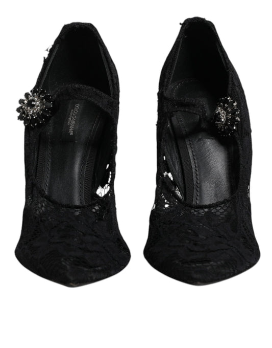 Dolce & Gabbana Black Lace Crystals Mary Jane Pumps Shoes - SMARTMARTNZ