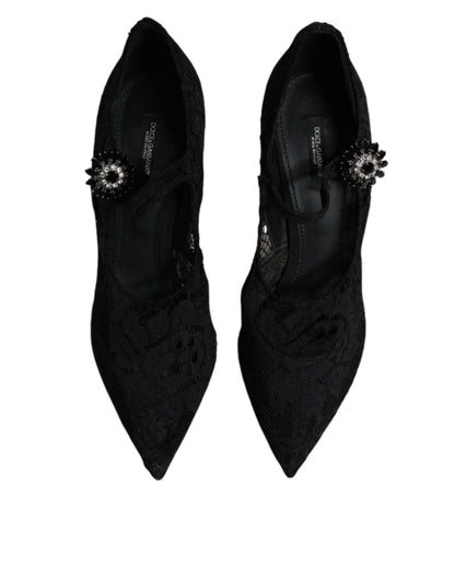 Dolce & Gabbana Black Lace Crystals Mary Jane Pumps Shoes - SMARTMARTNZ
