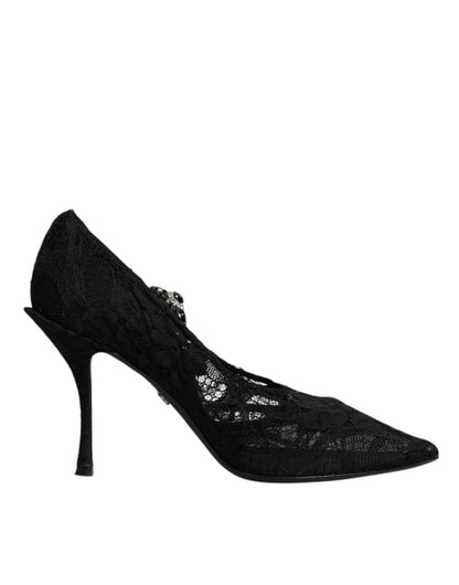 Dolce & Gabbana Black Lace Crystals Mary Jane Pumps Shoes - SMARTMARTNZ