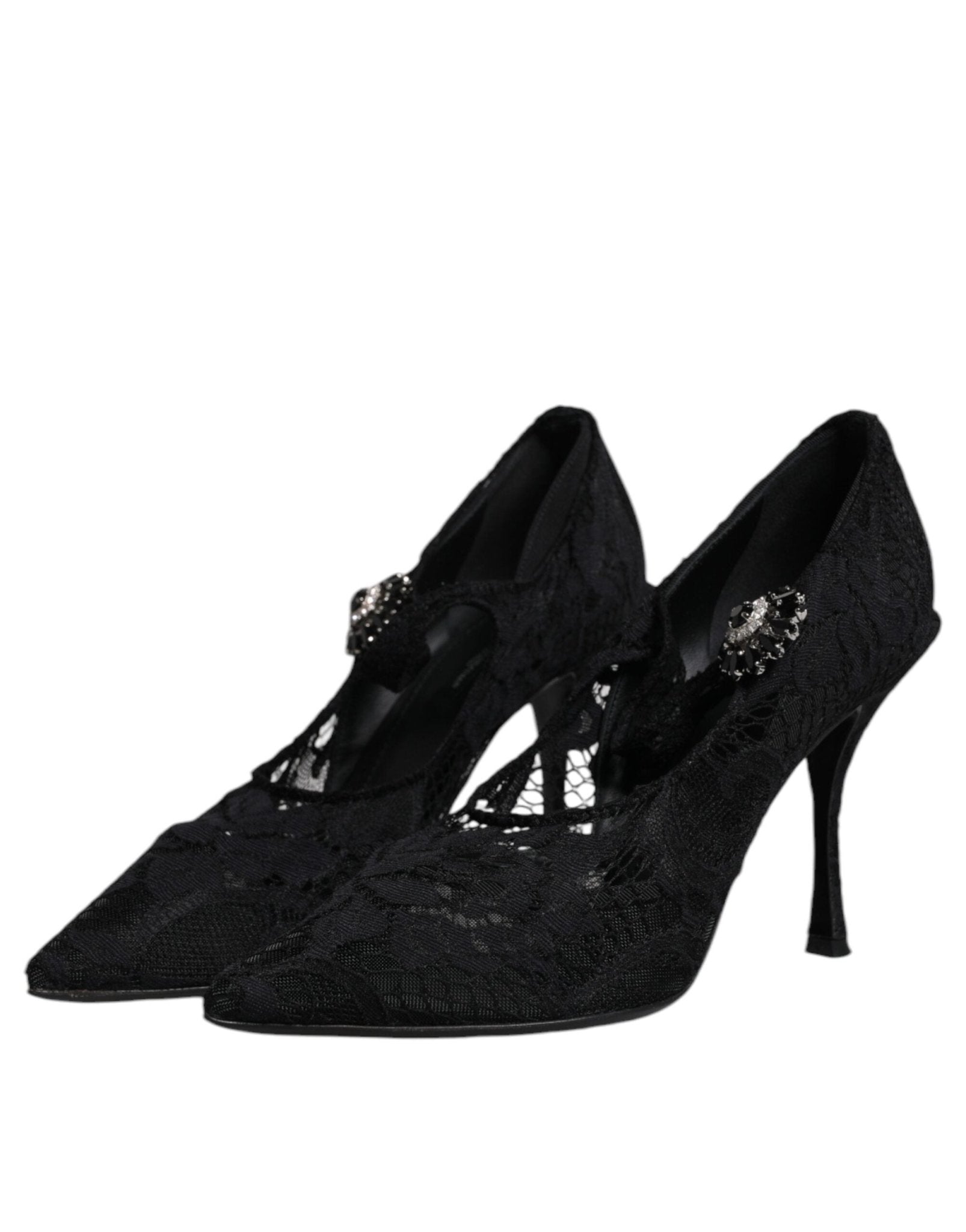 Dolce & Gabbana Black Lace Crystals Mary Jane Pumps Shoes - SMARTMARTNZ