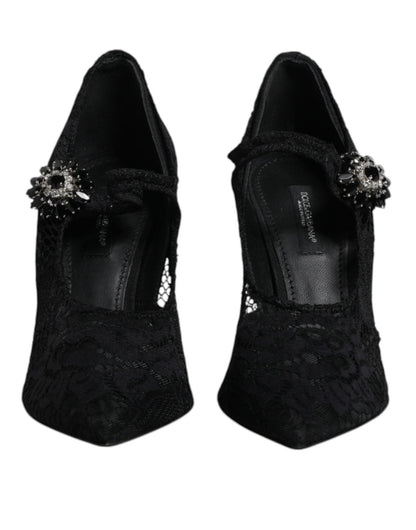 Dolce & Gabbana Black Lace Crystals Mary Jane Pumps Shoes - SMARTMARTNZ