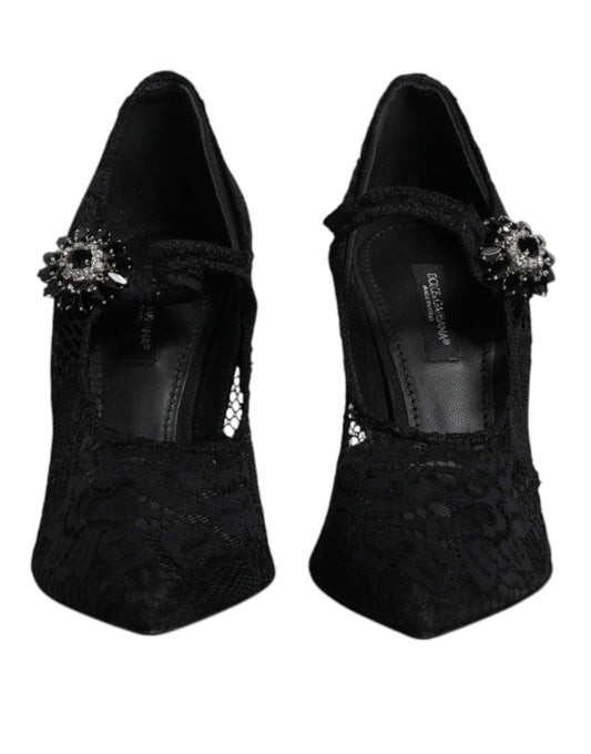 Dolce & Gabbana Black Lace Crystals Mary Jane Pumps Shoes - SMARTMARTNZ