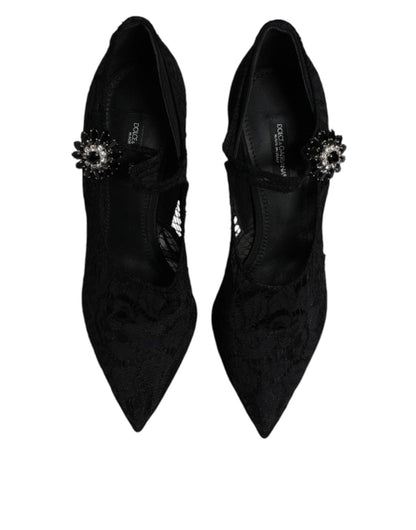 Dolce & Gabbana Black Lace Crystals Mary Jane Pumps Shoes - SMARTMARTNZ