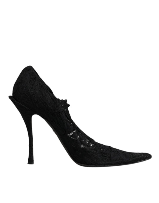 Dolce & Gabbana Black Lace Crystals Mary Jane Pumps Shoes - SMARTMARTNZ