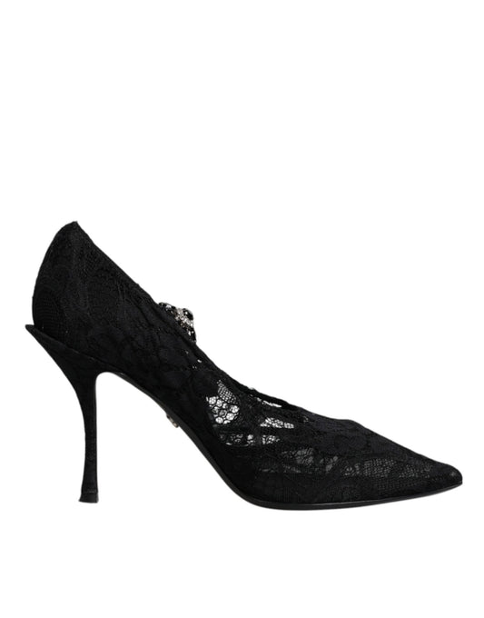Dolce & Gabbana Black Lace Crystals Mary Jane Pumps Shoes - SMARTMARTNZ