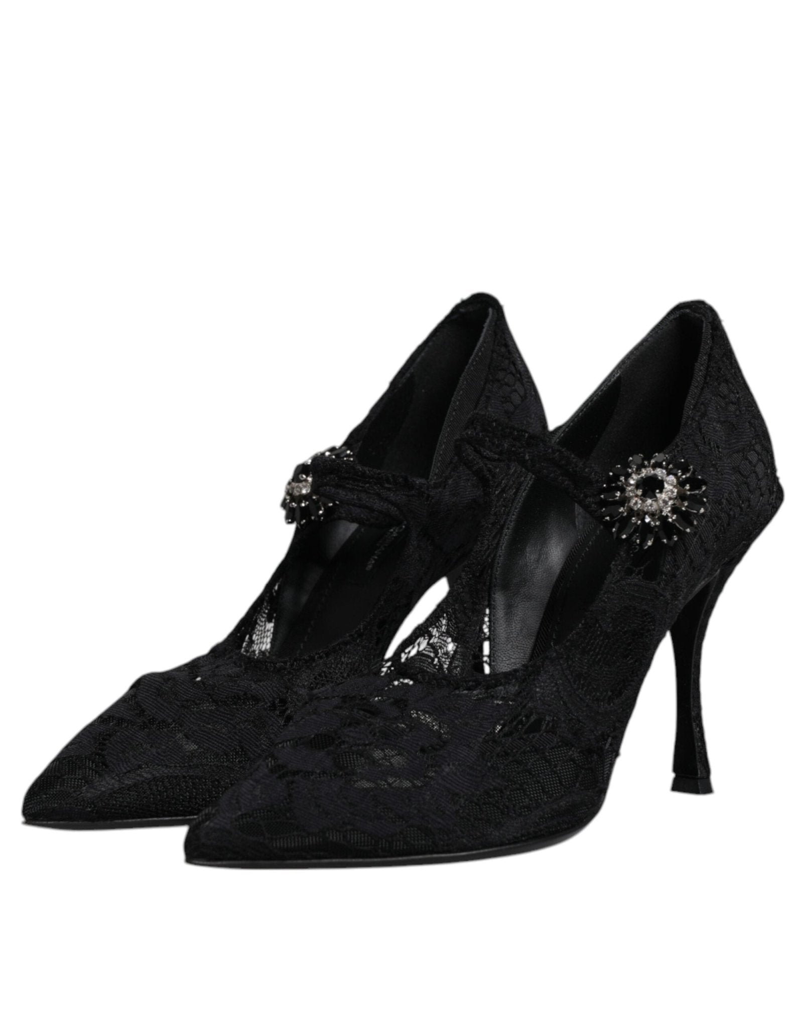 Dolce & Gabbana Black Lace Crystals Mary Jane Pumps Shoes - SMARTMARTNZ