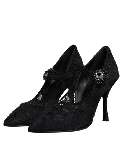 Dolce & Gabbana Black Lace Crystals Mary Jane Pumps Shoes - SMARTMARTNZ