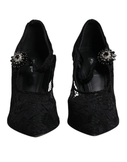 Dolce & Gabbana Black Lace Crystals Mary Jane Pumps Shoes - SMARTMARTNZ