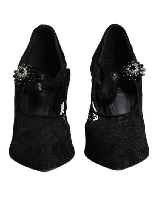 Dolce & Gabbana Black Lace Crystals Mary Jane Pumps Shoes - SMARTMARTNZ