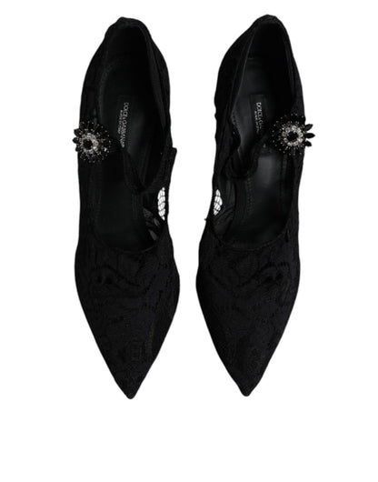 Dolce & Gabbana Black Lace Crystals Mary Jane Pumps Shoes - SMARTMARTNZ
