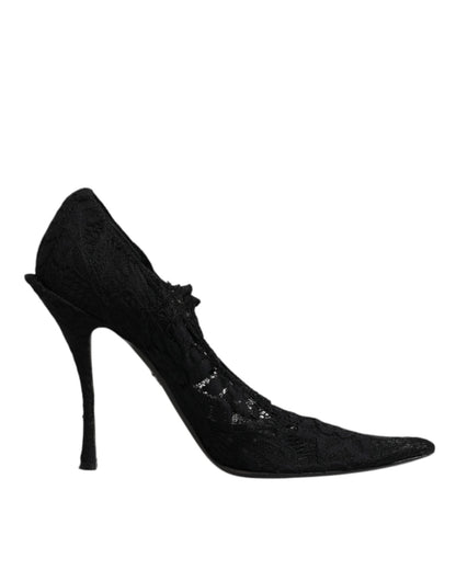 Dolce & Gabbana Black Lace Crystals Mary Jane Pumps Shoes - SMARTMARTNZ