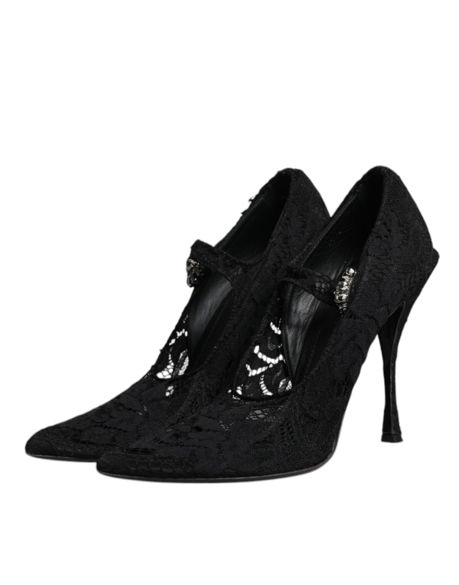 Dolce & Gabbana Black Lace Crystals Mary Jane Pumps Shoes - SMARTMARTNZ